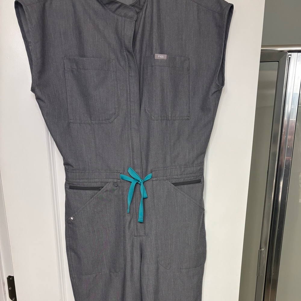 Figs Gray Graphite Wide Leg Jumpsuit with Teal Drawstring